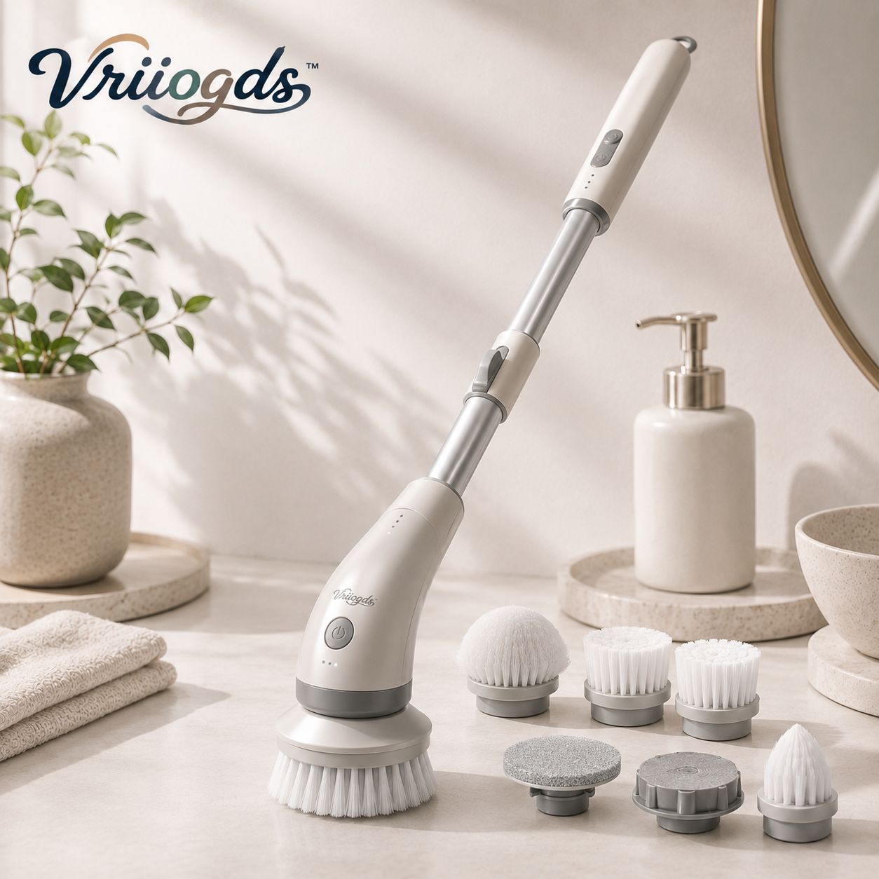 Vriiogds™ ReachSpin Cordless Electric Scrubber – 2-Speed Power Cleaning Brush with Adjustable Handle & 6 Brush Heads