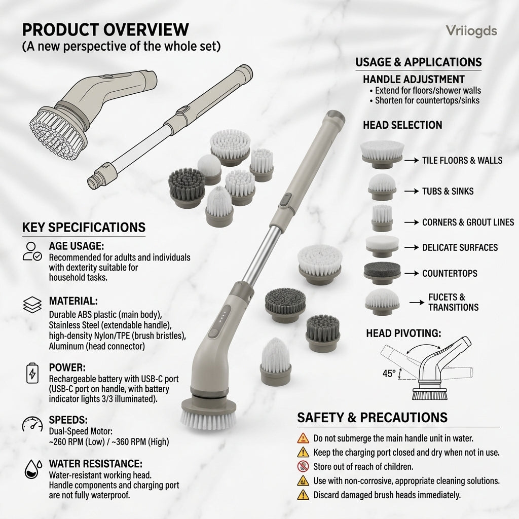 Vriiogds™ ReachSpin Cordless Electric Scrubber – 2-Speed Power Cleaning Brush with Adjustable Handle & 6 Brush Heads