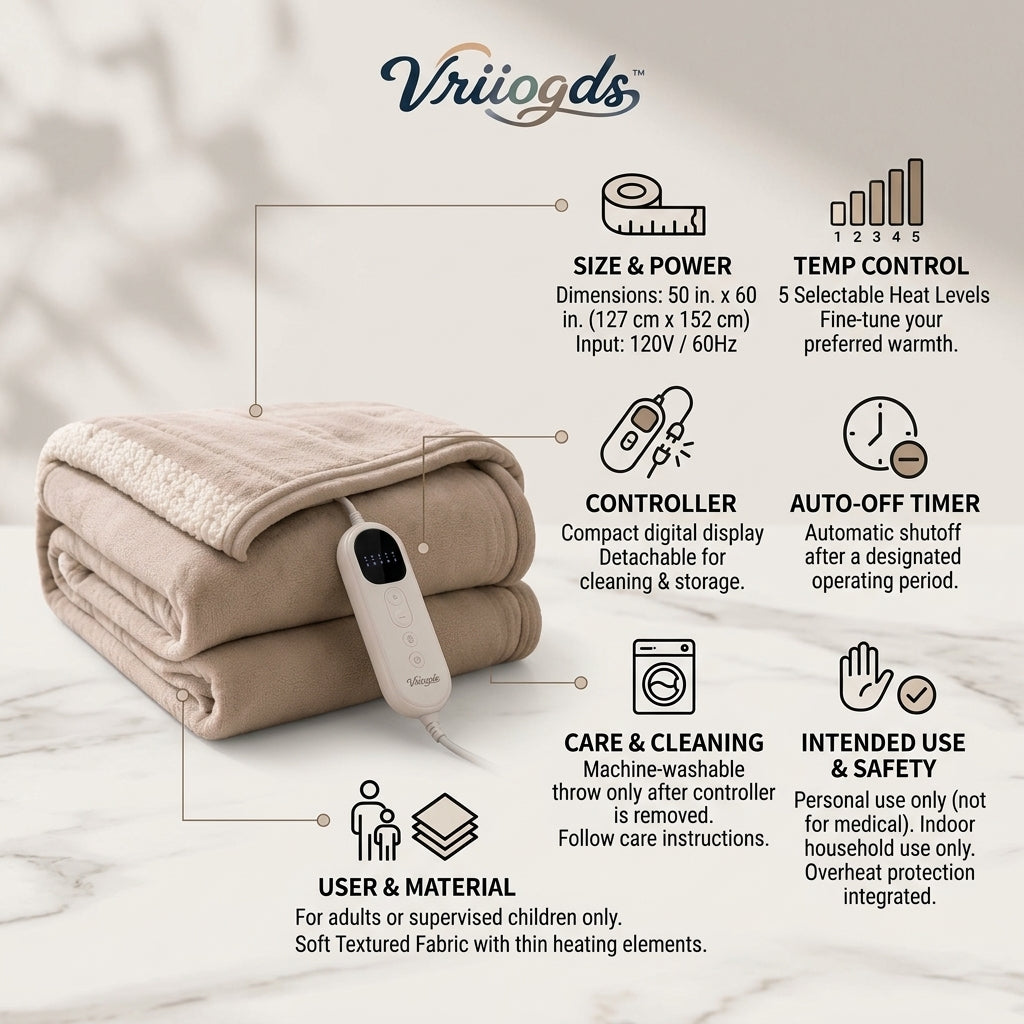 Vriiogds™ WarmFold Heated Throw Blanket – 50 x 60 in Electric Throw with 5 Heat Levels, Auto-Off & Detachable Controller