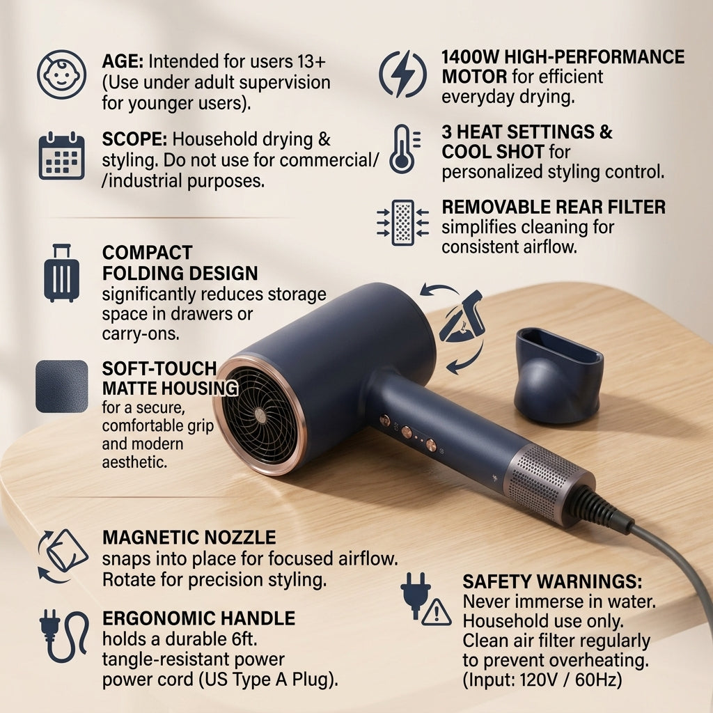 Vriiogds™ AeroFold Ionic Hair Dryer – Compact 1400W Folding Blow Dryer, Magnetic Nozzle, 3 Heat Settings & Cool Shot