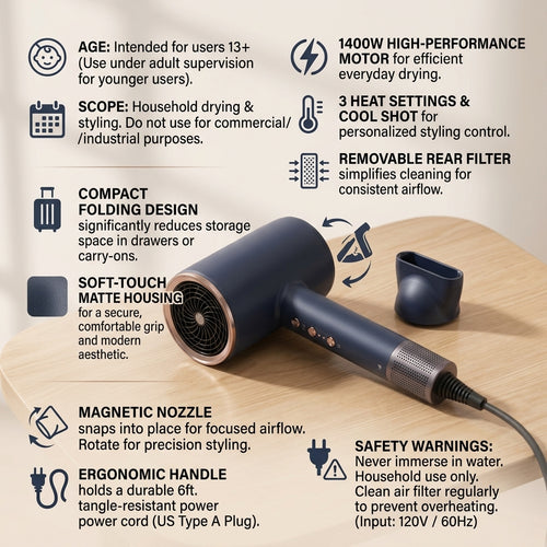 Vriiogds™ AeroFold Ionic Hair Dryer – Compact 1400W Folding Blow Dryer, Magnetic Nozzle, 3 Heat Settings & Cool Shot