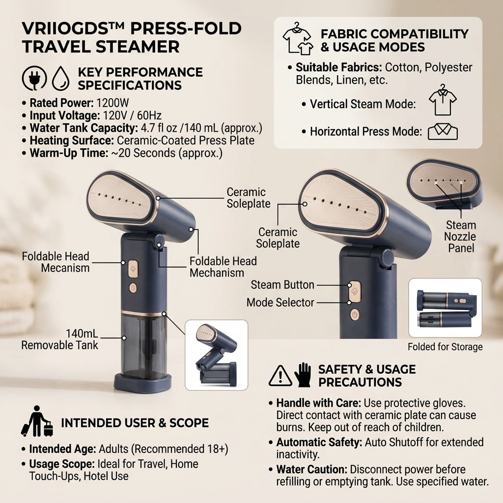 Vriiogds™ PressFold Travel Garment Steamer – 2-in-1 1200W Clothes Steamer & Ceramic Press Iron with Folding Head