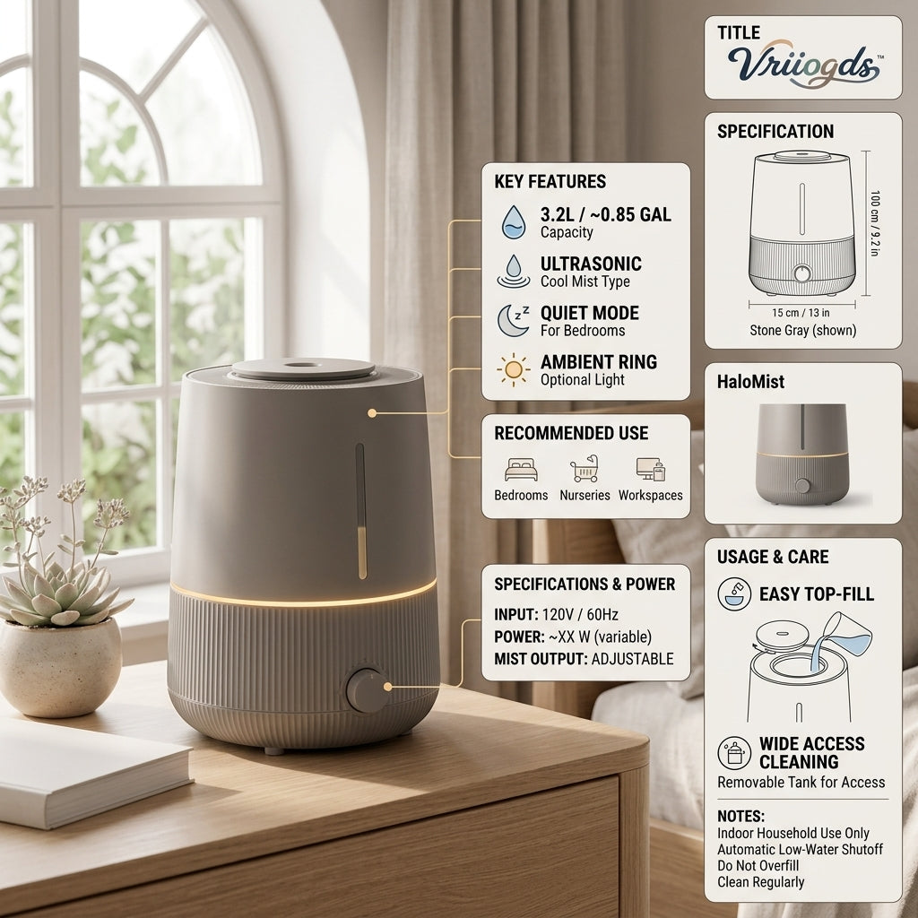 Vriiogds™ HaloMist 3.2L Top-Fill Cool Mist Humidifier – Quiet Bedroom Humidifier with Adjustable Mist & Ambient Ring Light