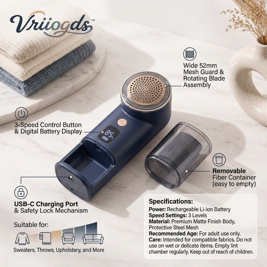 Vriiogds™ LinenLift Rechargeable Fabric Shaver – 3-Speed Lint & Pilling Remover with Digital Battery Display