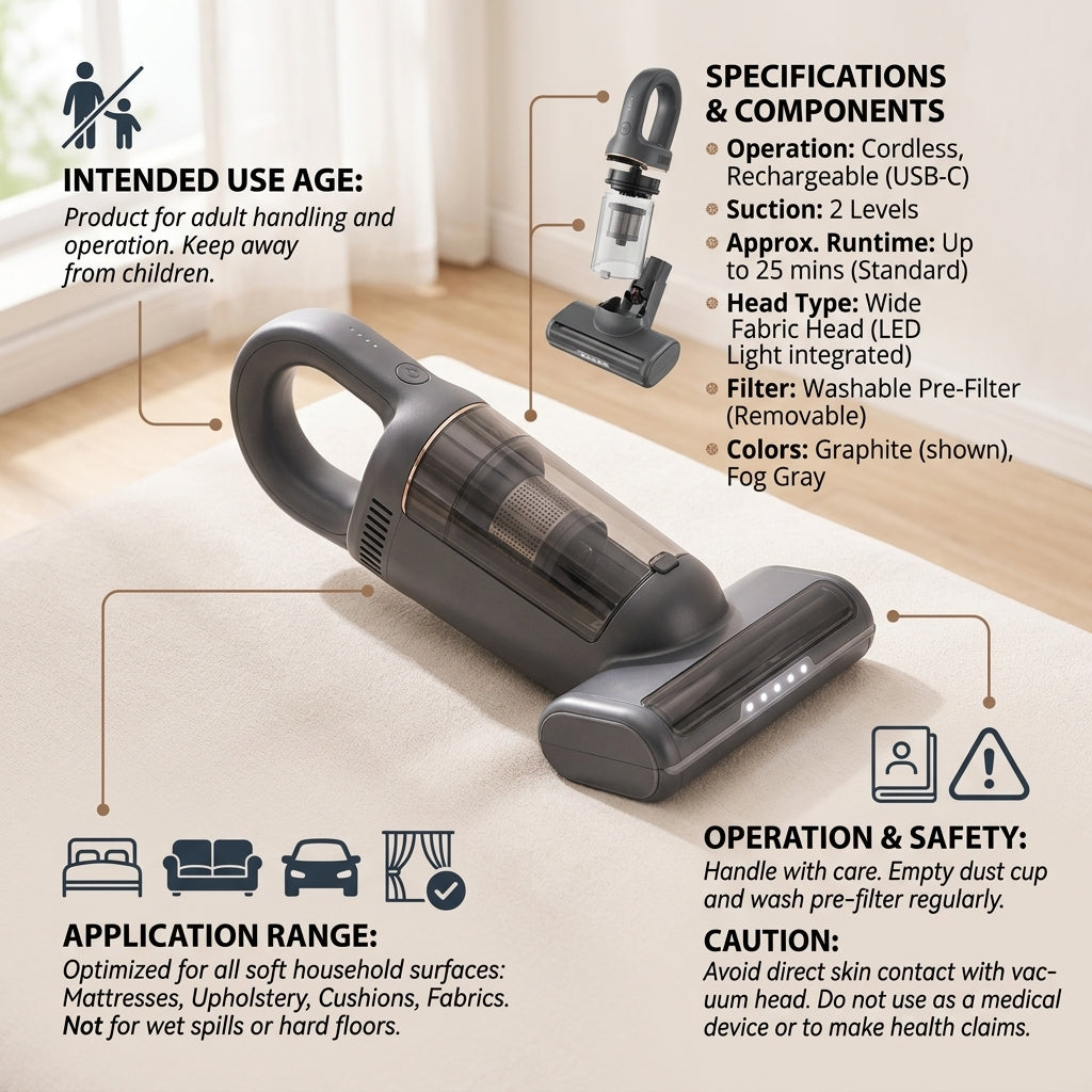 Vriiogds™ DustArc Cordless Bed & Upholstery Vacuum – Rechargeable Handheld Mattress Vacuum with Wide Fabric Head & LED Dust Light