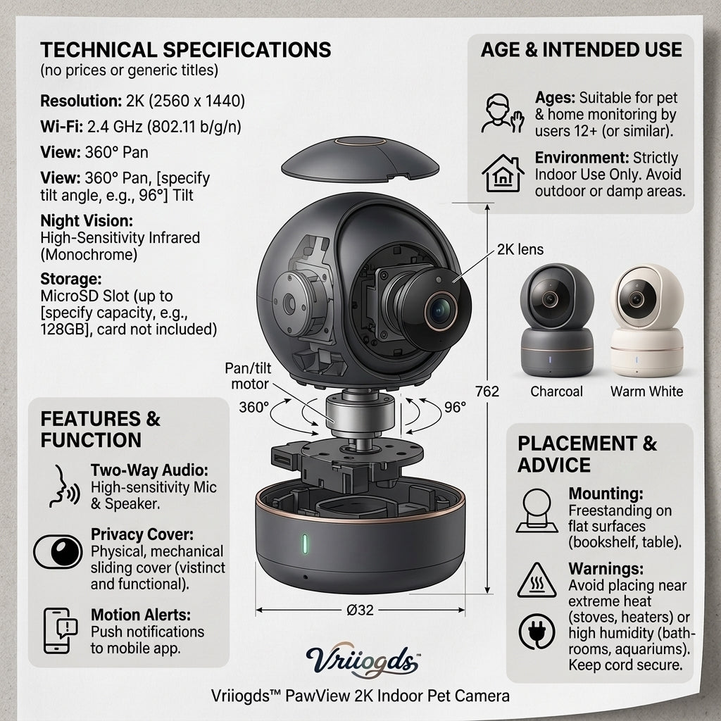 Vriiogds™ PawView 2K Indoor Pet Camera – Wi-Fi Pan/Tilt Home Pet Monitor with Two-Way Audio, Night View & Privacy Cover