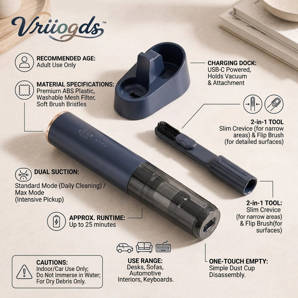 Vriiogds™ CrumbDock Cordless Hand Vacuum – Slim Rechargeable Desk, Sofa & Car Vacuum with 2-in-1 Crevice Brush Tool