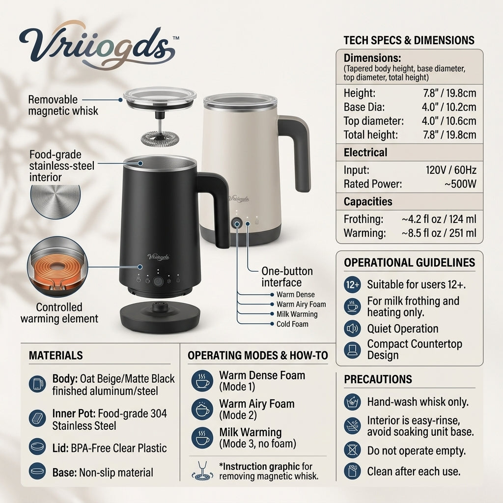 Vriiogds™ SteamCup Electric Milk Frother – 4-in-1 Hot & Cold Foam Maker with Stainless-Steel Interior