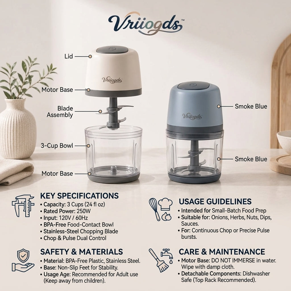 Vriiogds™ PrepPebble 3-Cup Mini Food Chopper – Compact 250W Electric Food Processor with Chop & Pulse Control